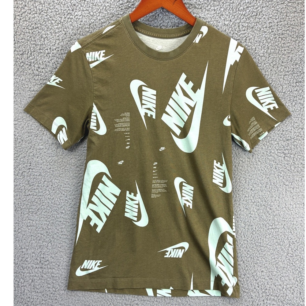 Nike All Over Print Swoosh T-Shirt Men's Size S Brown Olive Short Sleeve Graphic